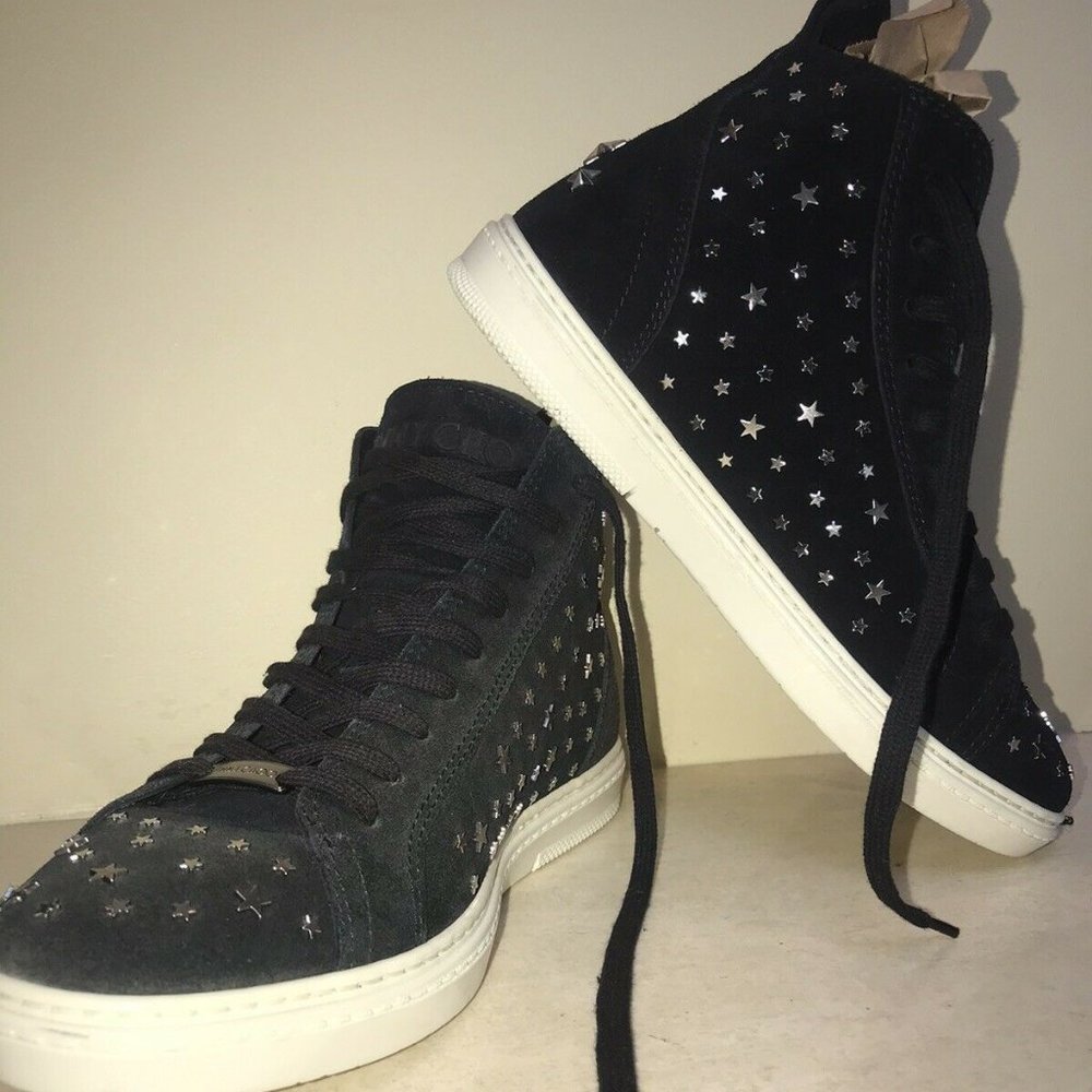 Jimmy Choo Suede High Top Sneaker Trainers Black Star Stud Men 39.5 New US 7.5